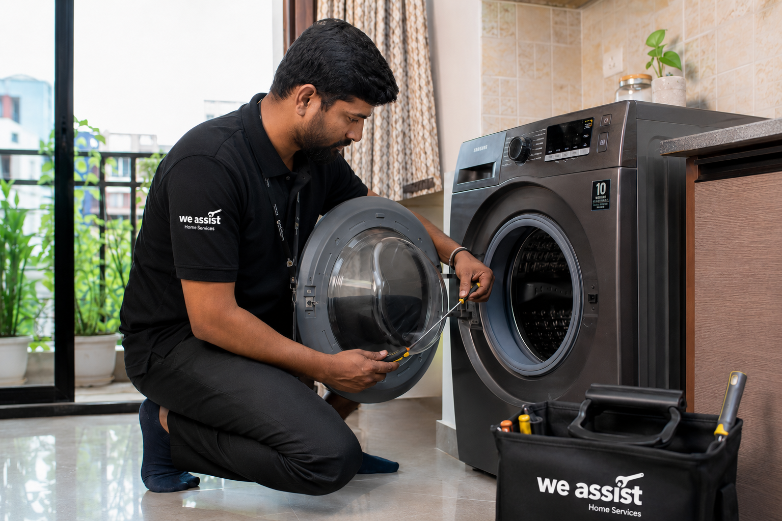 Technician repairing washing machine